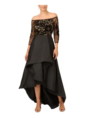 ADRIANNA PAPELL Womens Black Beaded Zippered Pleated Pocketed Hi-lo Skirt 3/4 Sleeve Off Shoulder Full-Length Formal Gown Dress