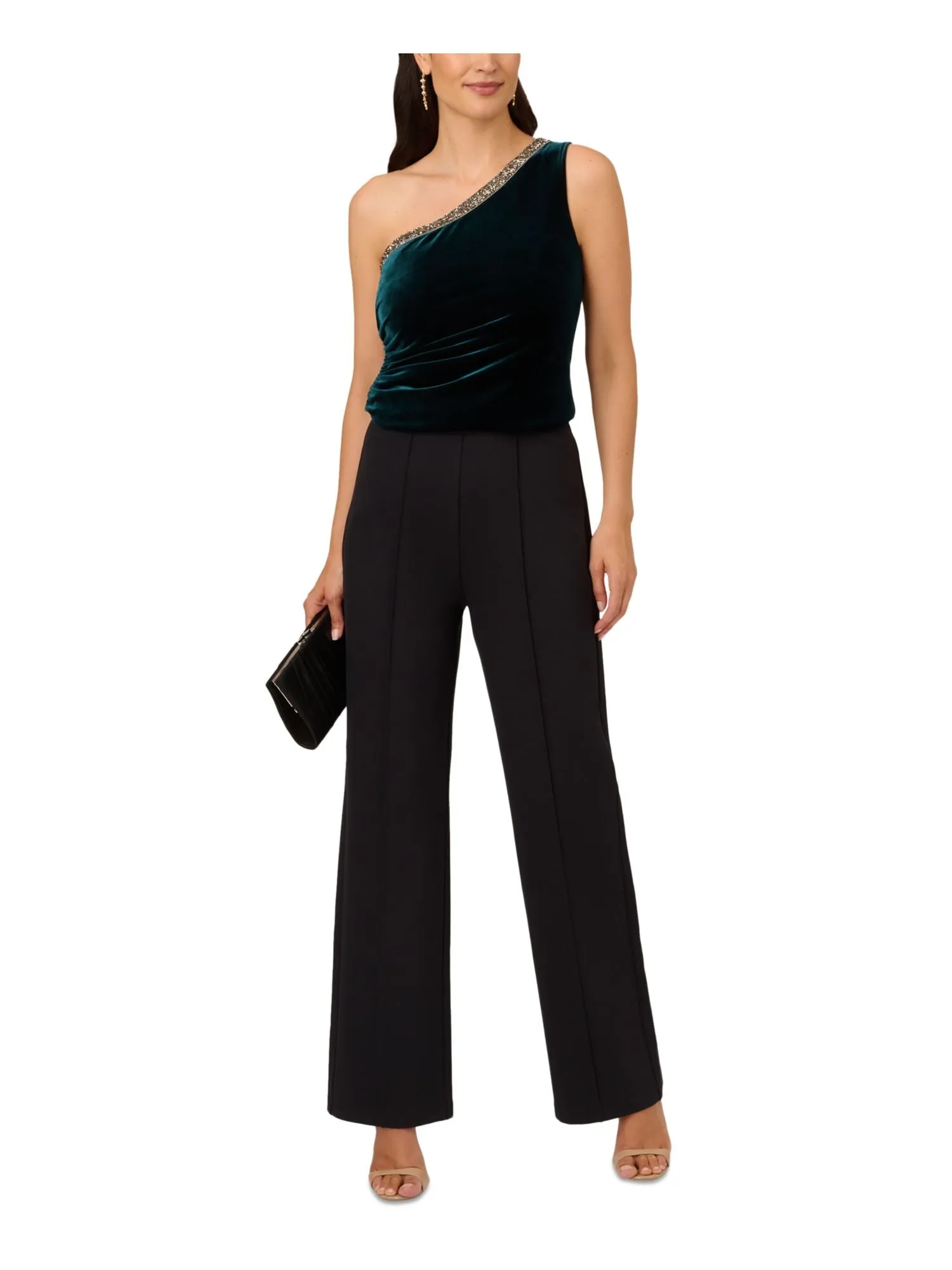 ADRIANNA PAPELL Womens Green Gathered Zippered Beaded Accent Sleeveless Asymmetrical Neckline Cocktail Top