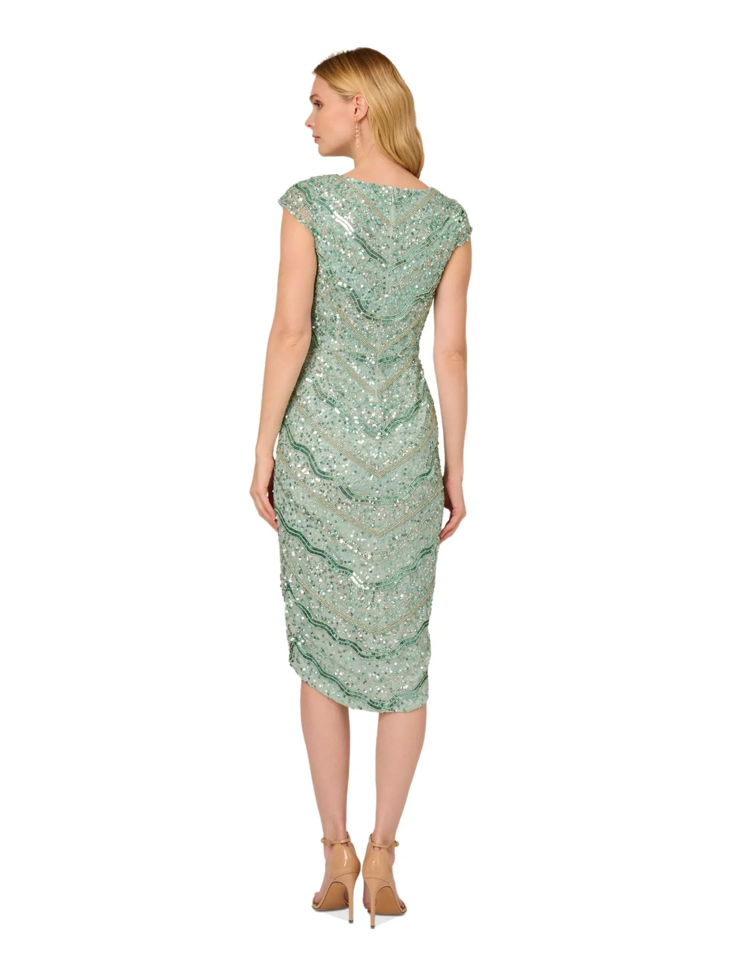 ADRIANNA PAPELL Womens Green Mesh Embellished Zippered Lined Cap Sleeve Surplice Neckline Midi Party Faux Wrap Dress