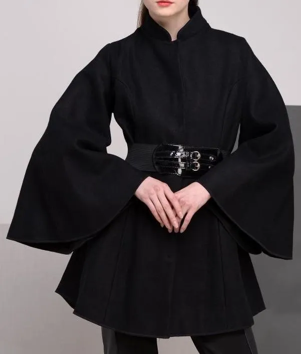 Belted Black Flared-Sleeve Cape Coat