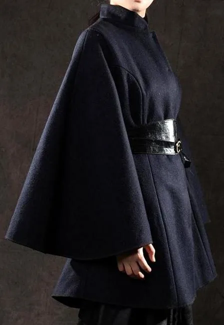 Belted Black Flared-Sleeve Cape Coat