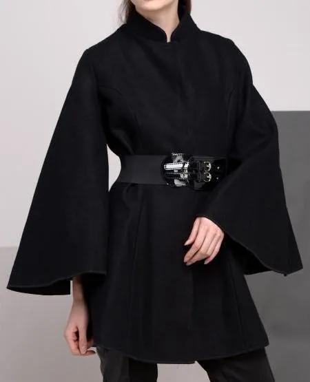 Belted Black Flared-Sleeve Cape Coat