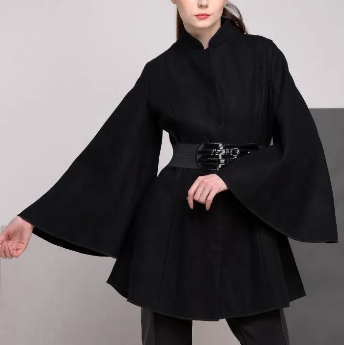 Belted Black Flared-Sleeve Cape Coat