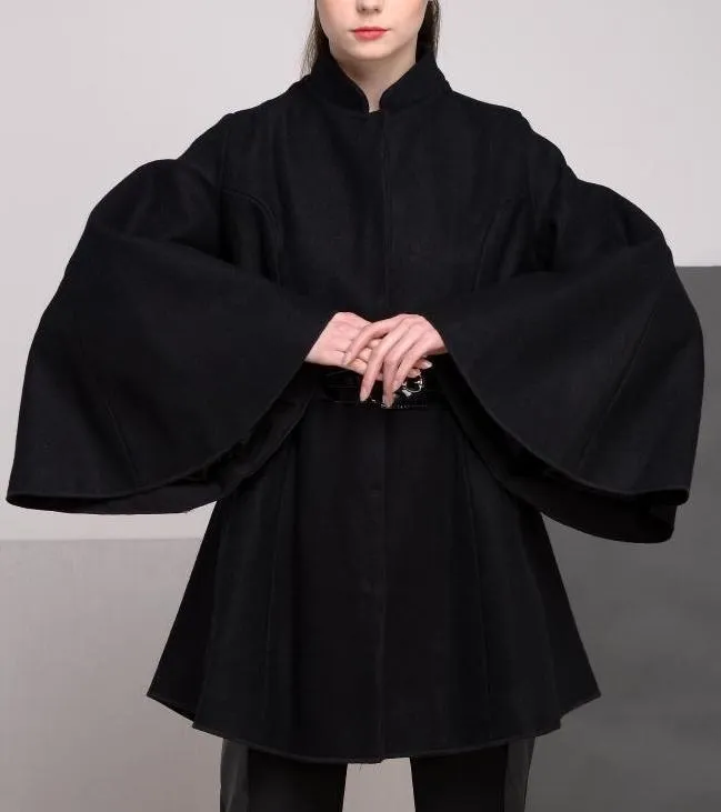 Belted Black Flared-Sleeve Cape Coat