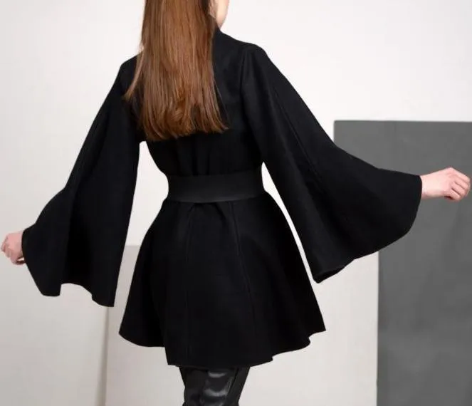 Belted Black Flared-Sleeve Cape Coat