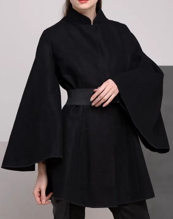 Belted Black Flared-Sleeve Cape Coat