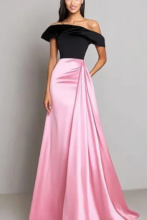 Black Pink Off The Shoulder Sheath Satin Gala Dress