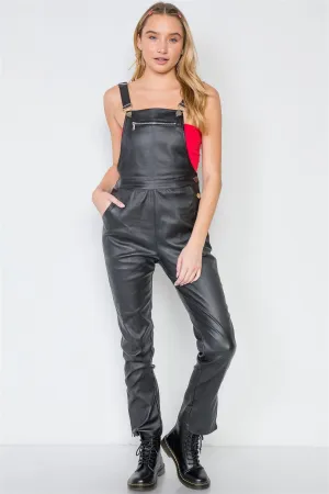 Black Vegan Leather Stretchy Overalls