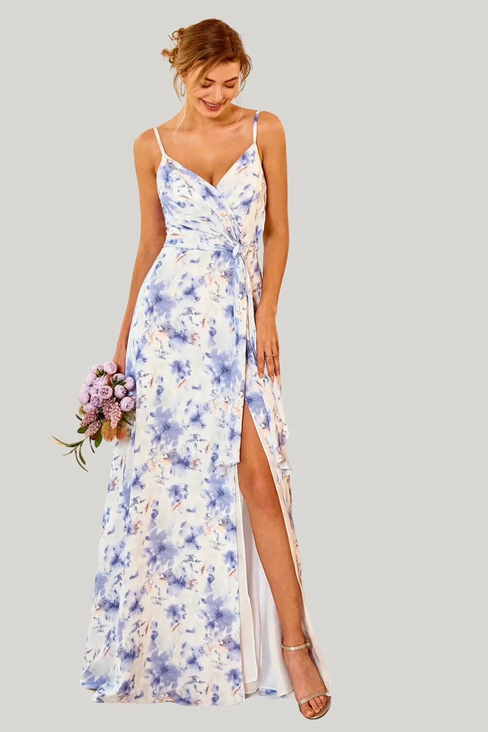 Blue Floral Print A Line Spaghetti Straps Maxi Dress with Slit