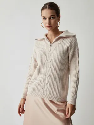 Cable Knit Open Trendy Collar Half Zip Sweater