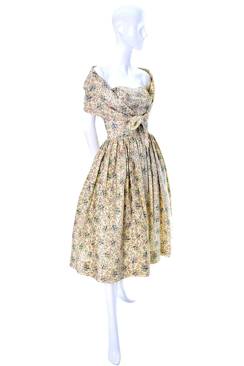 Carolyn Schnurer Vintage Dress Pale Butter Yellow 1950s Cotton Print 4/6