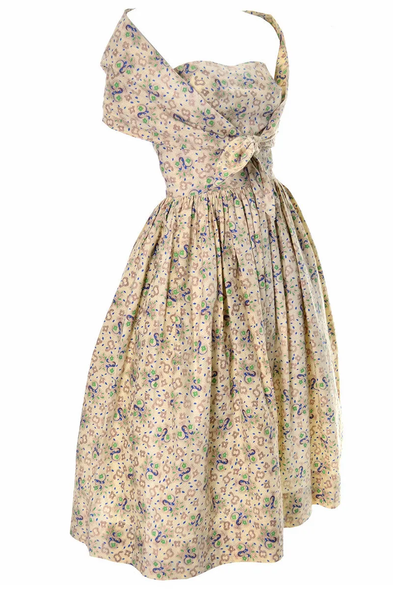 Carolyn Schnurer Vintage Dress Pale Butter Yellow 1950s Cotton Print 4/6