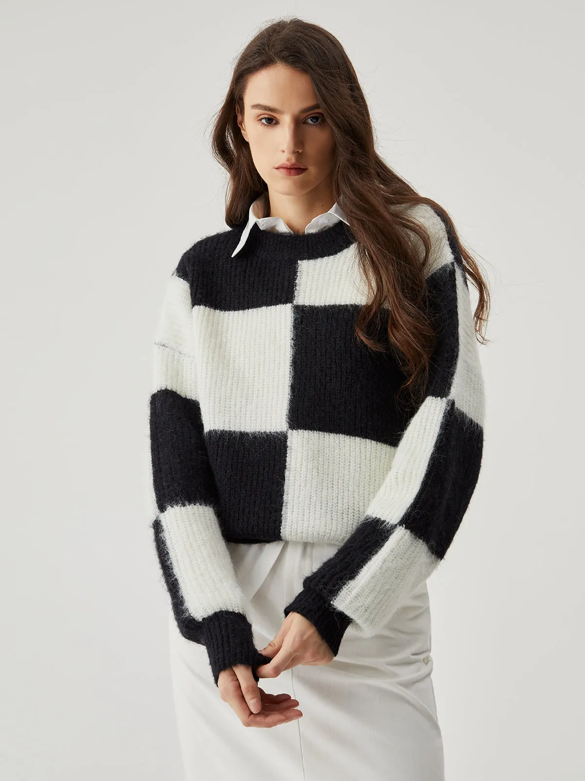 Check Colorblock Crew Trendy Neck Knit Sweater