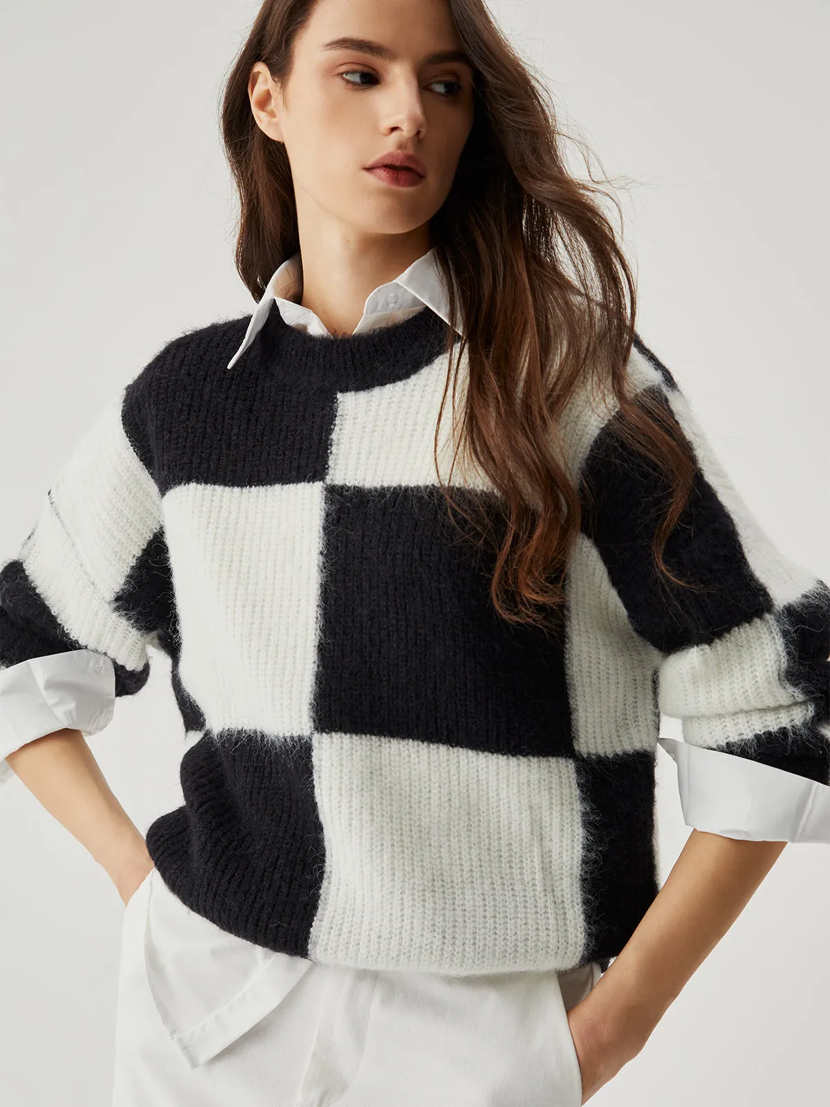 Check Colorblock Crew Trendy Neck Knit Sweater