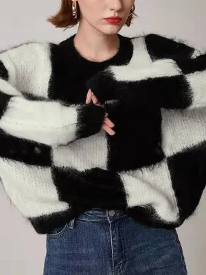 Check Colorblock Crew Trendy Neck Knit Sweater