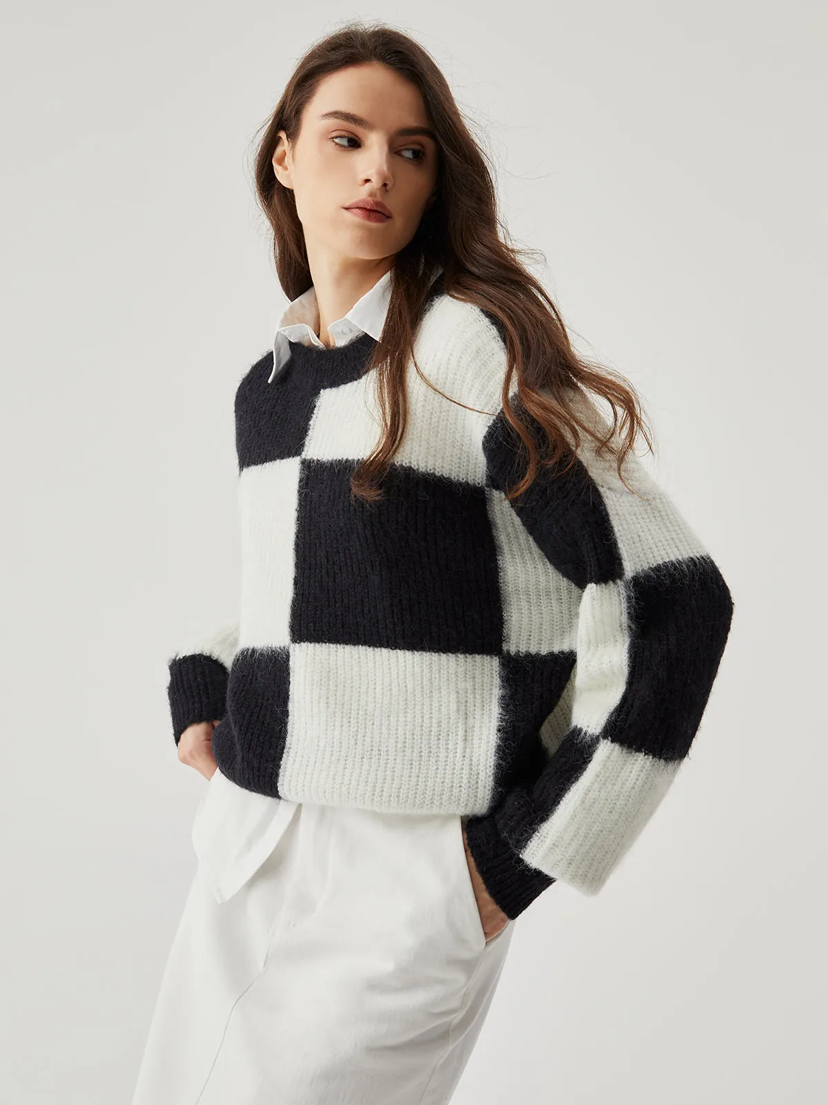 Check Colorblock Crew Trendy Neck Knit Sweater