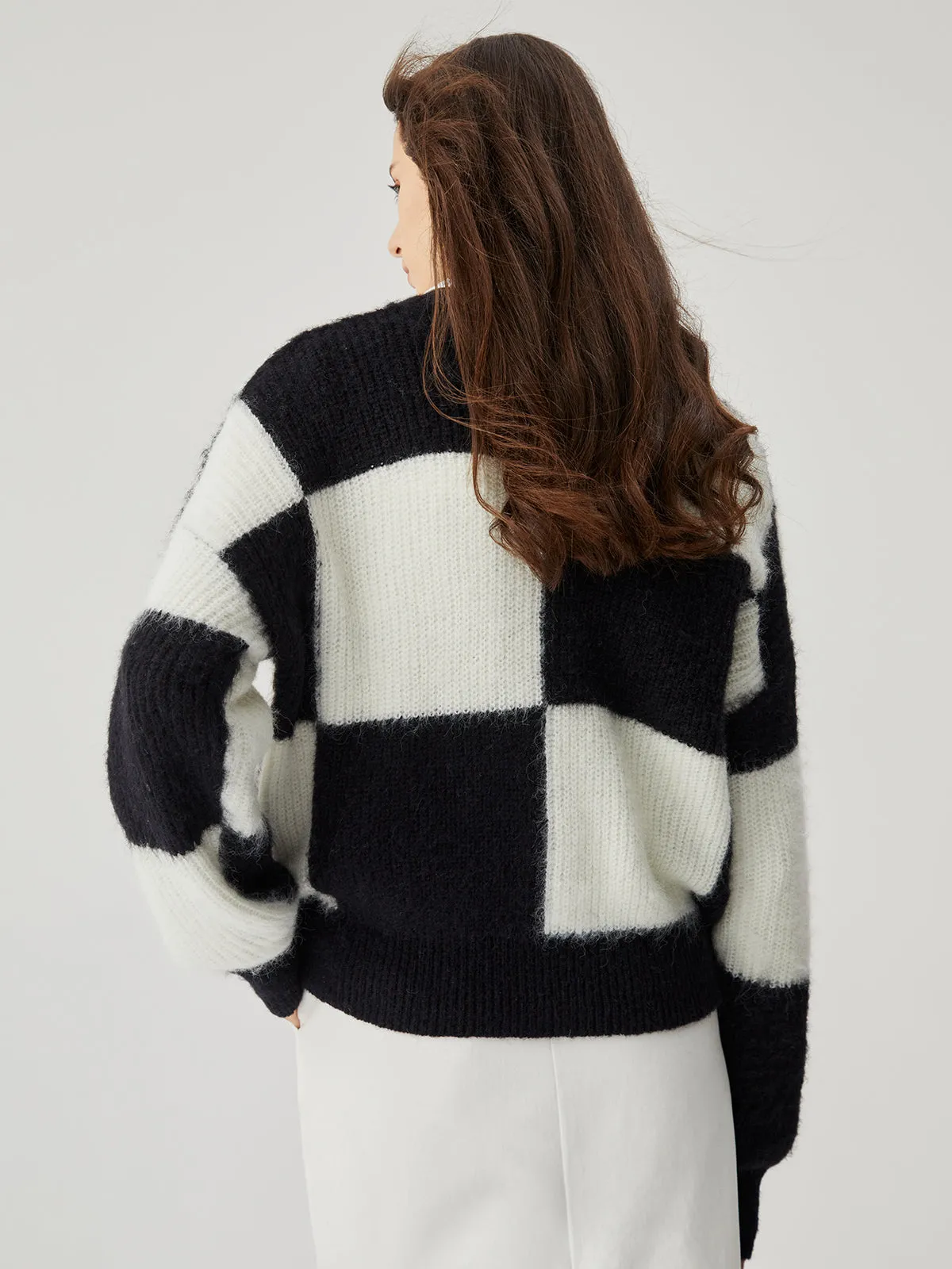 Check Colorblock Crew Trendy Neck Knit Sweater