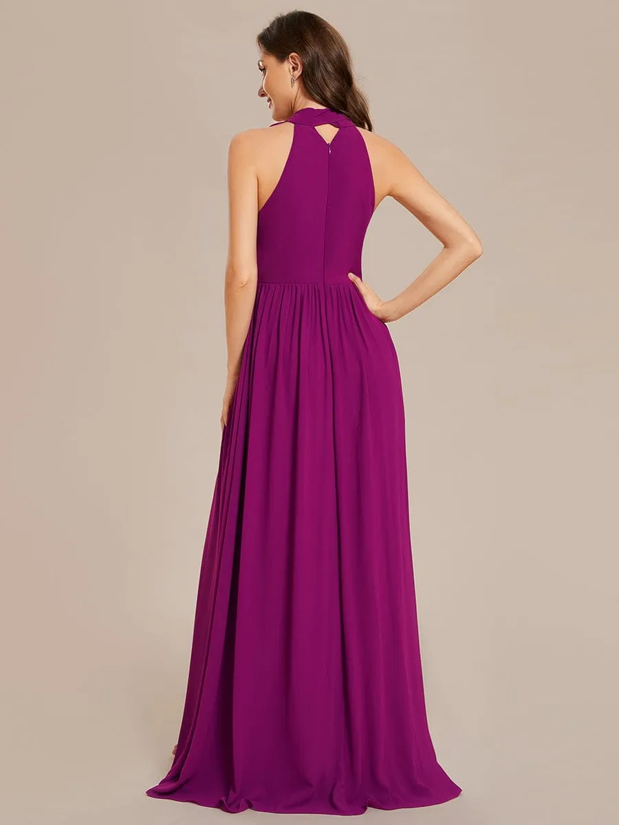 Chiffon Halter Straps Sleeveless Pleated A-Line High Slit Maxi Bridesmaid Dress