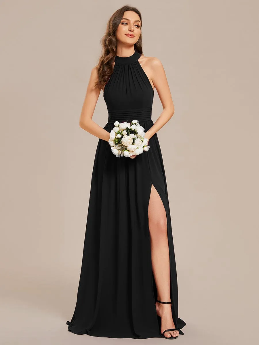 Chiffon Halter Straps Sleeveless Pleated A-Line High Slit Maxi Bridesmaid Dress