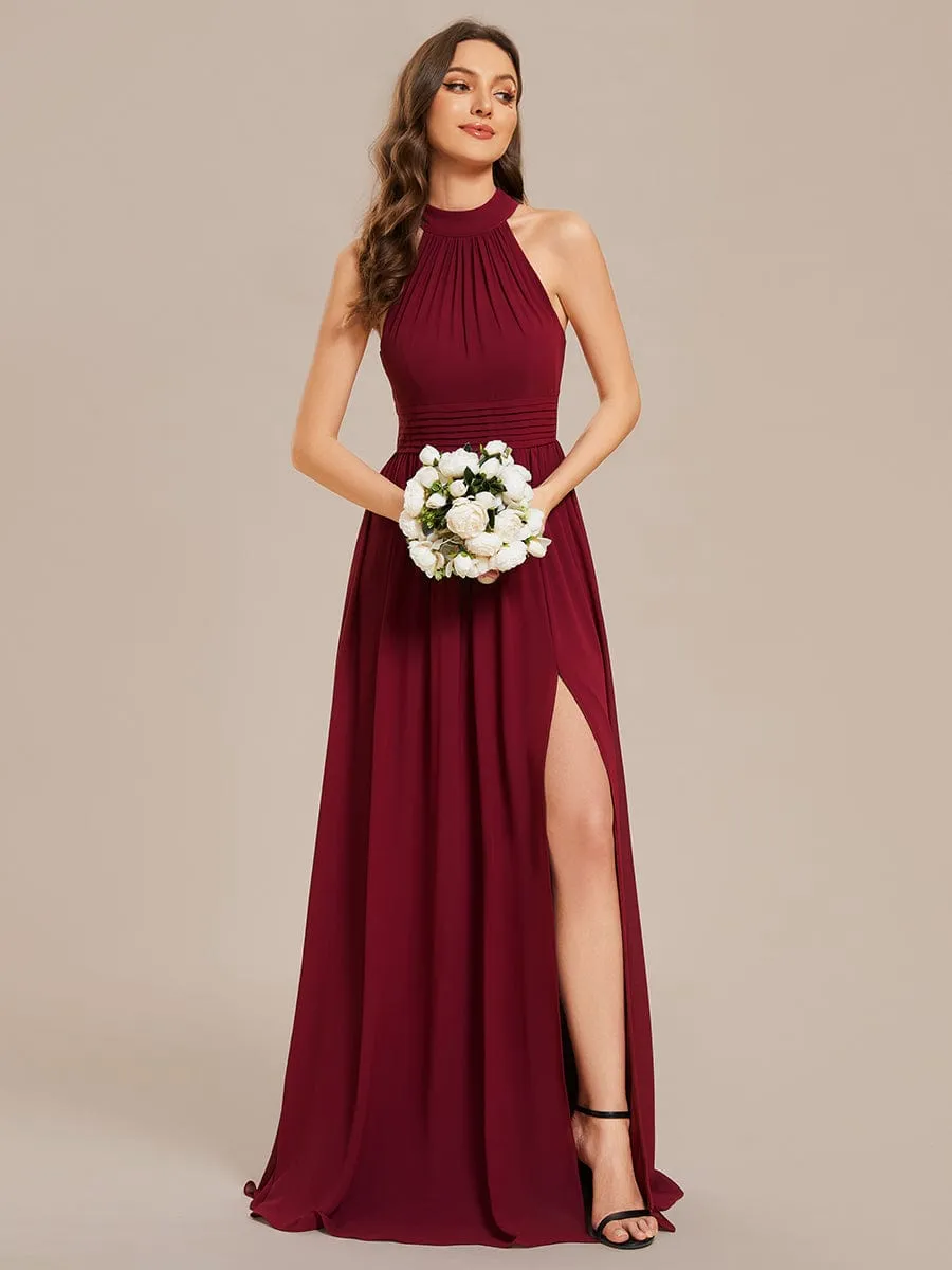 Chiffon Halter Straps Sleeveless Pleated A-Line High Slit Maxi Bridesmaid Dress