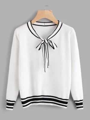 Contrast Stripe Trim Bow Tie Neck Jumper