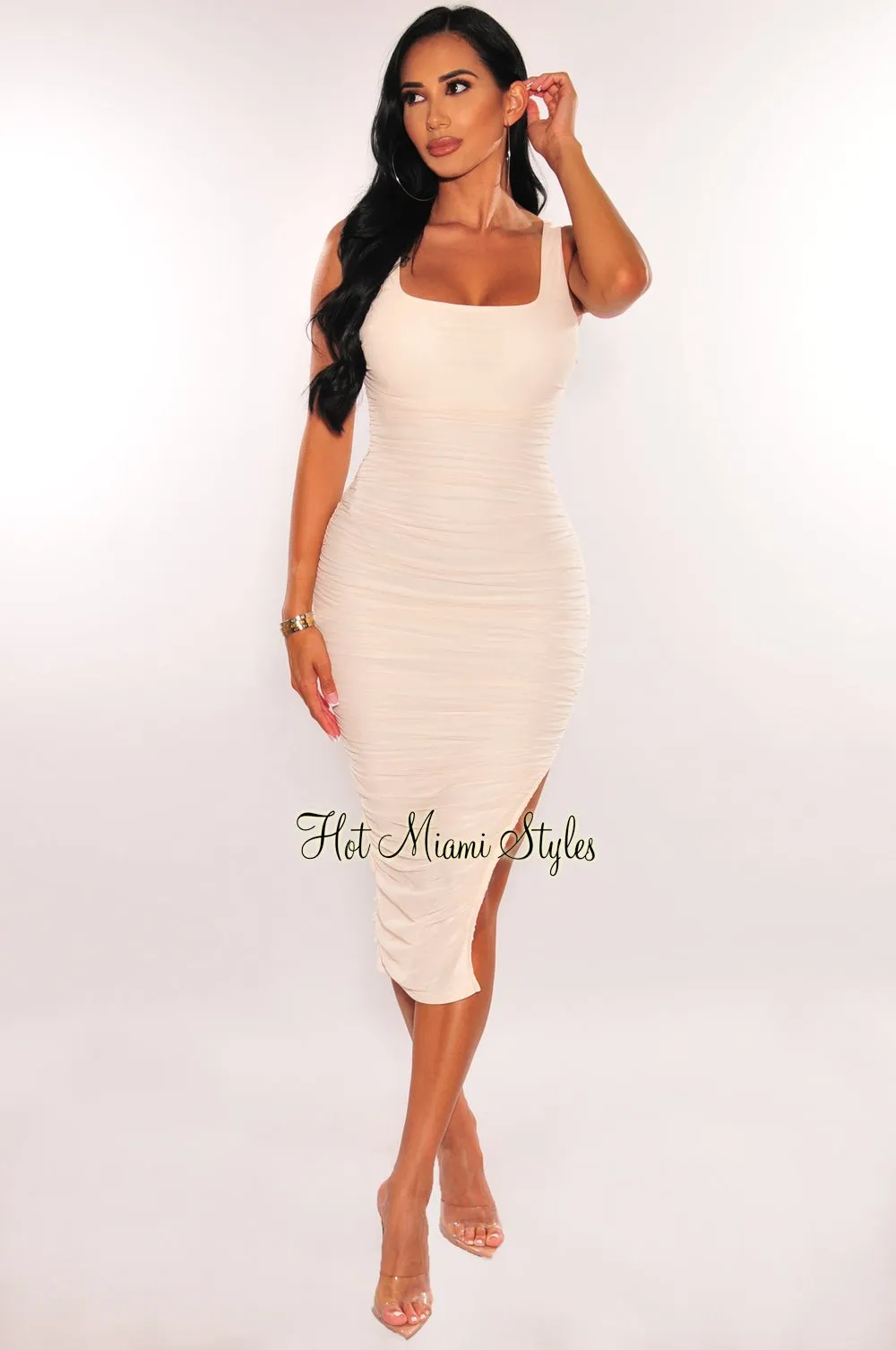 Cream Mesh Square Neck Sleeveless Ruched Slit Dress