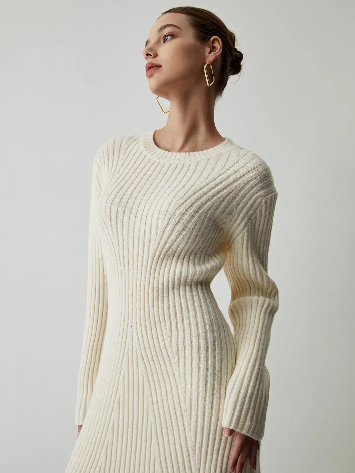 Cream Rib Long Trendy Sleeve Short Sweater Dress