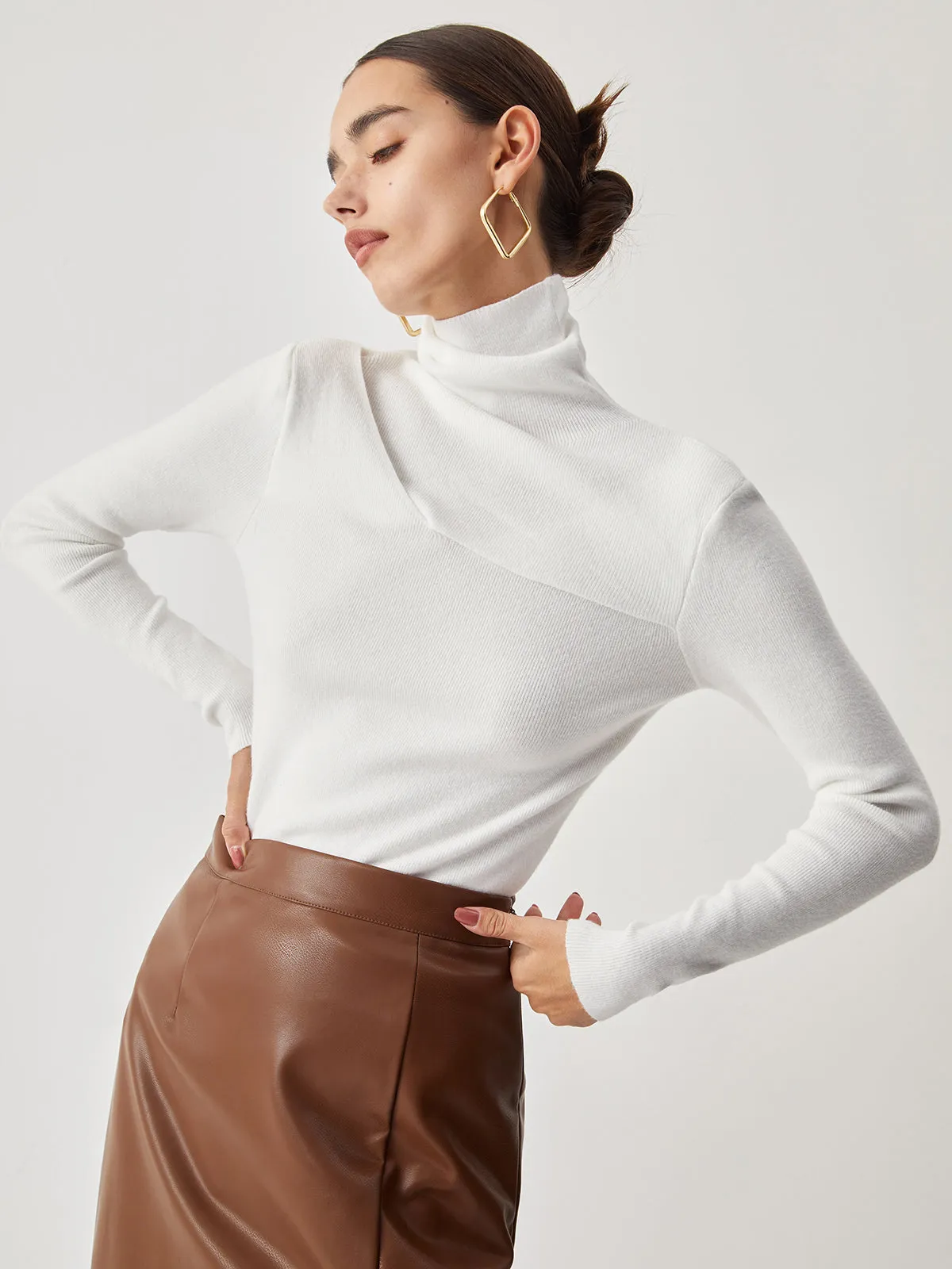 Criss Cross Turtleneck Trendy Long Sleeve Knit Top