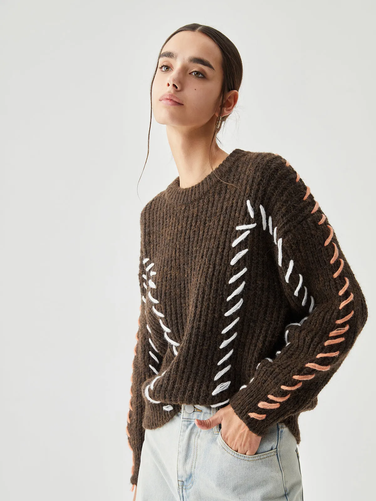 Crocheted Contrast Trim Trendy Ribbed Knit Sweater