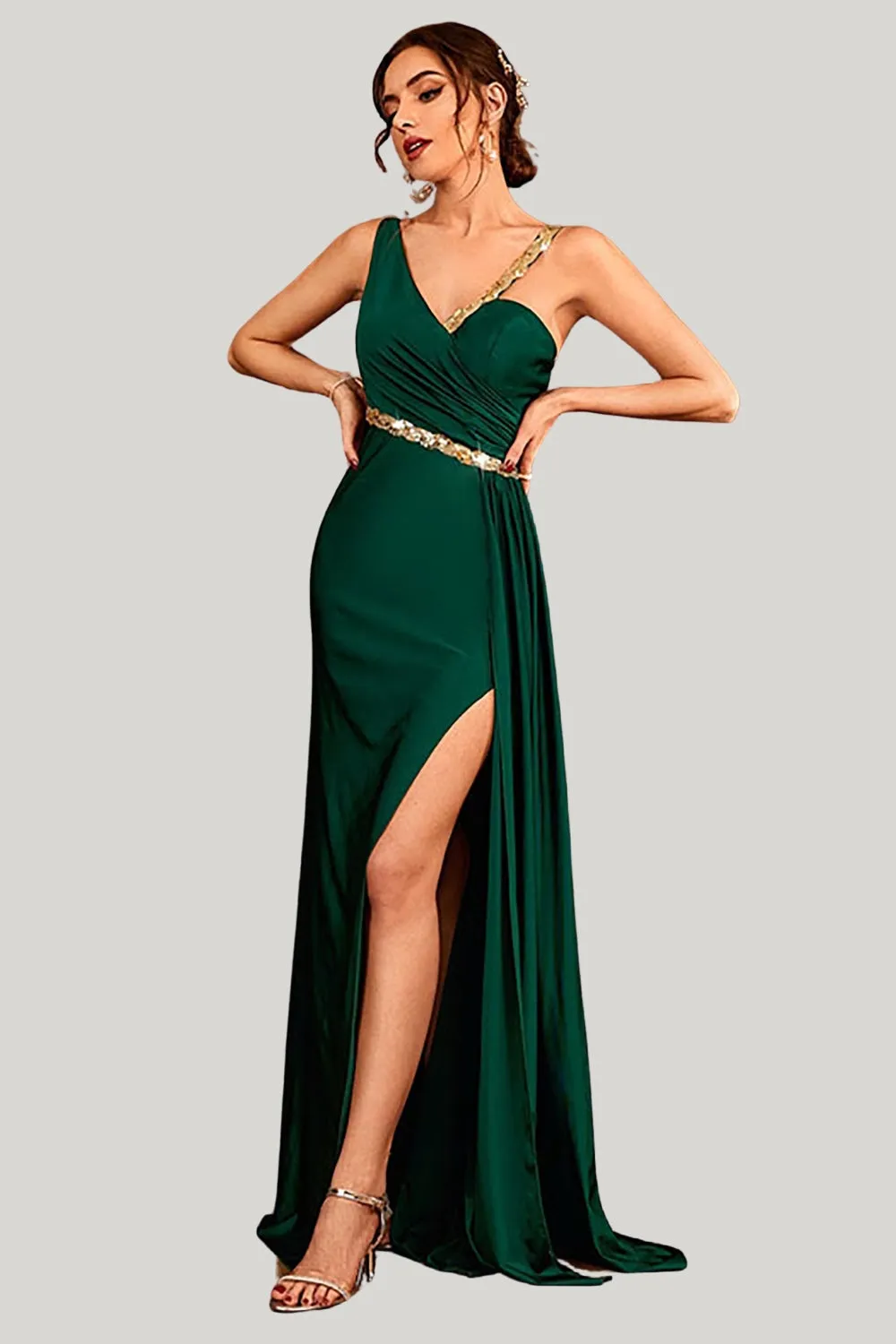 Dark Green A Line Spaghetti Straps Maxi Dress with Slit