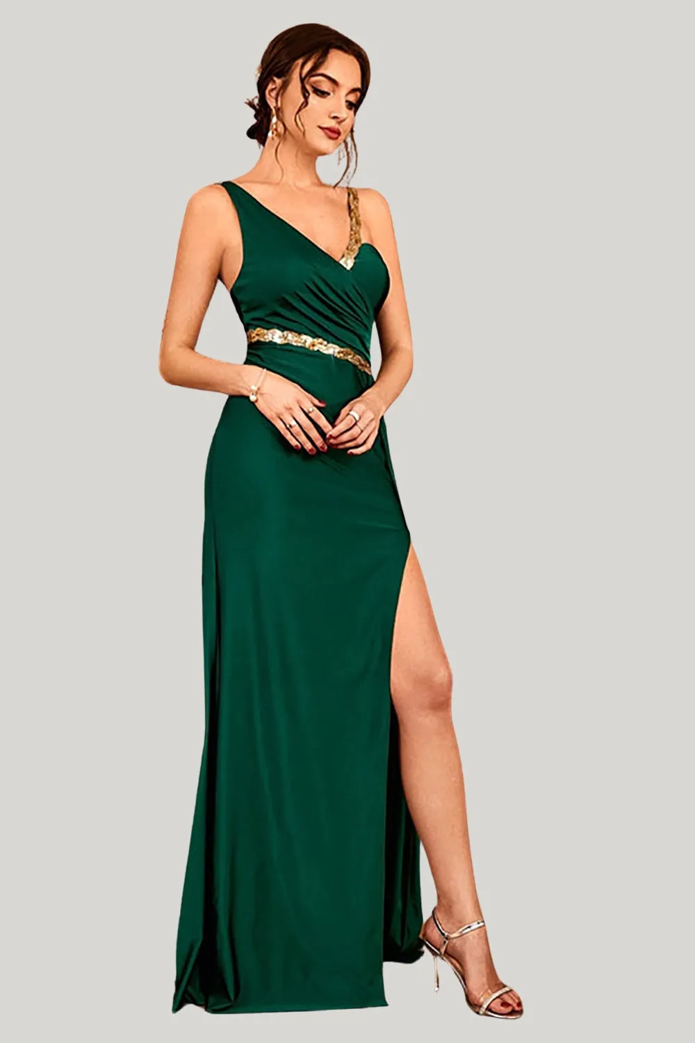 Dark Green A Line Spaghetti Straps Maxi Dress with Slit