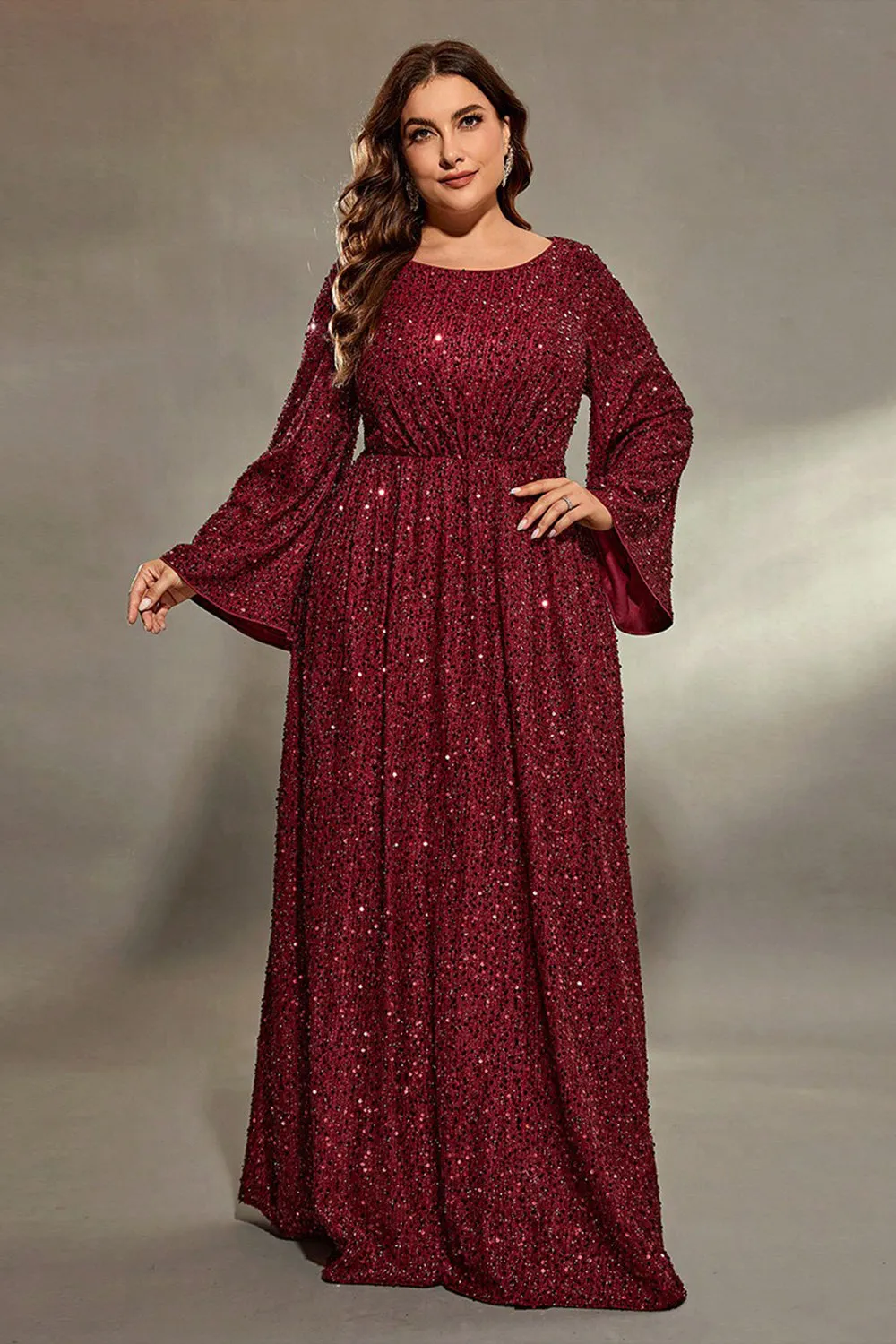 Dark Red Sequined Plus Size Round Neck Long Sleeves Maxi Dress