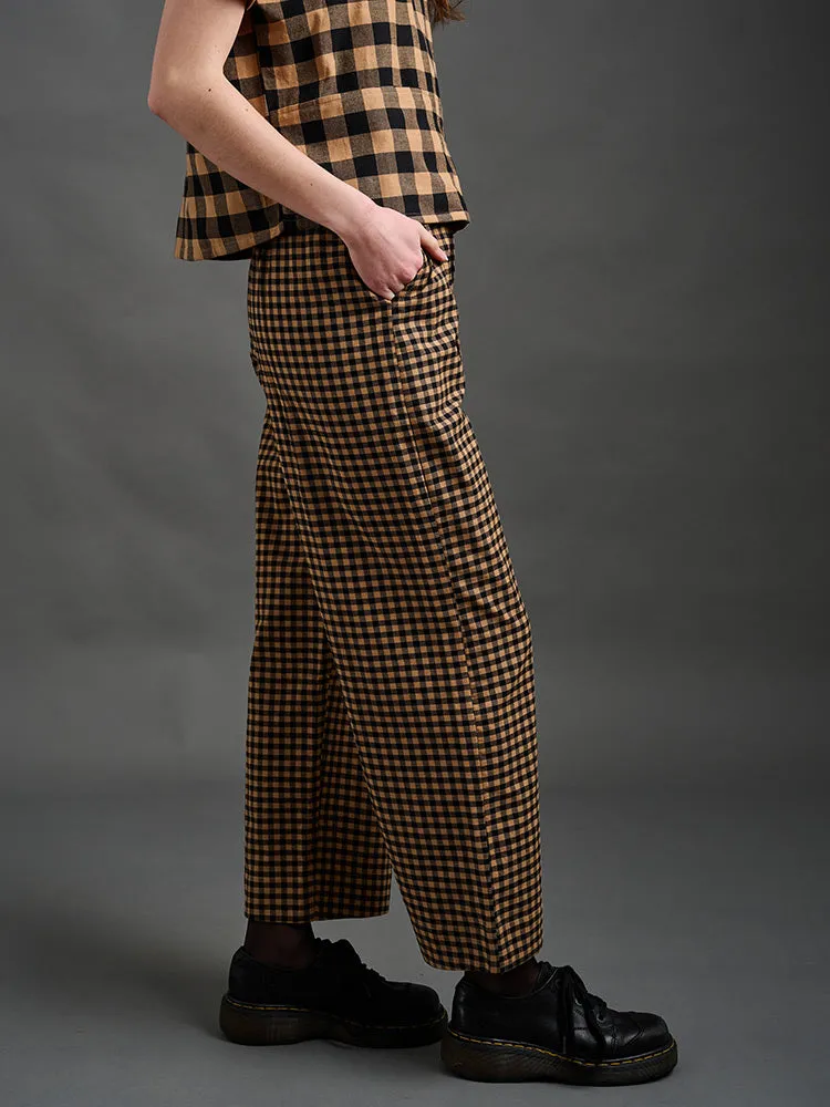 Emmy Drawstring Pant - Black and Tan Small Gingham