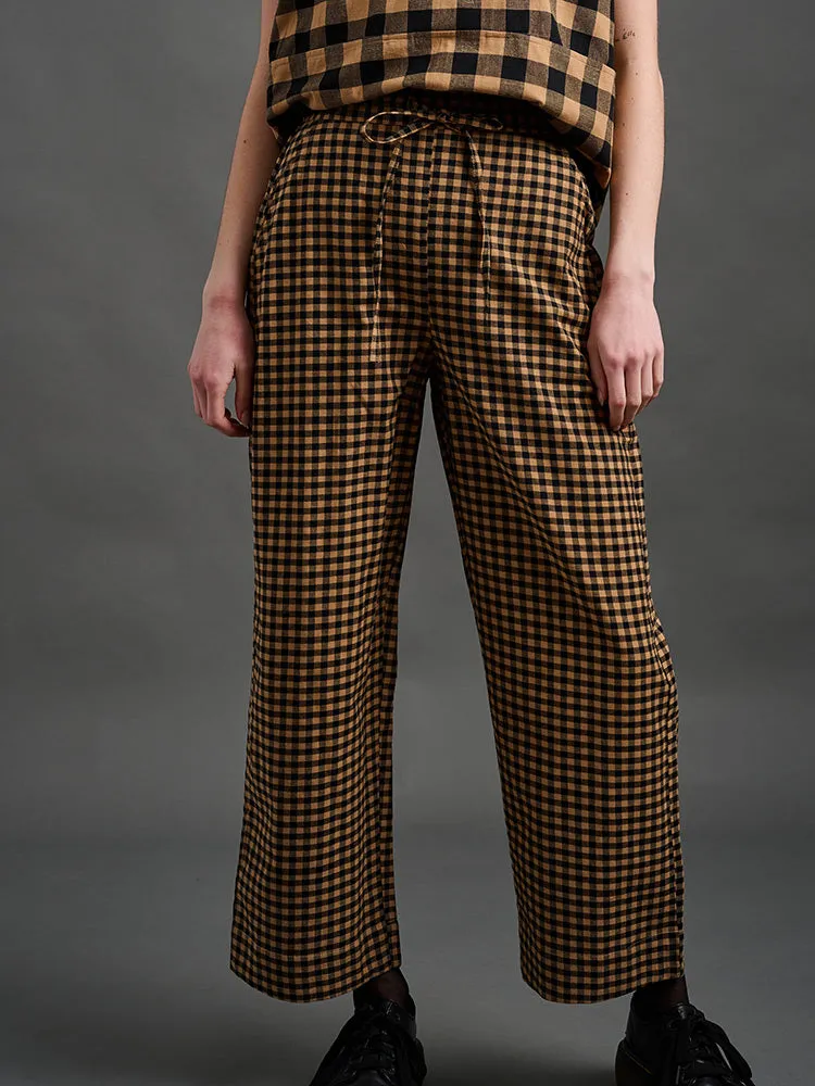 Emmy Drawstring Pant - Black and Tan Small Gingham