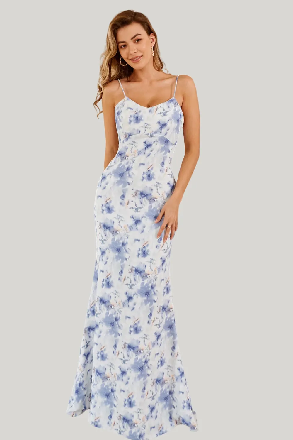 Floral Blue Mermaid Spaghetti Straps Maxi Dress with Slit