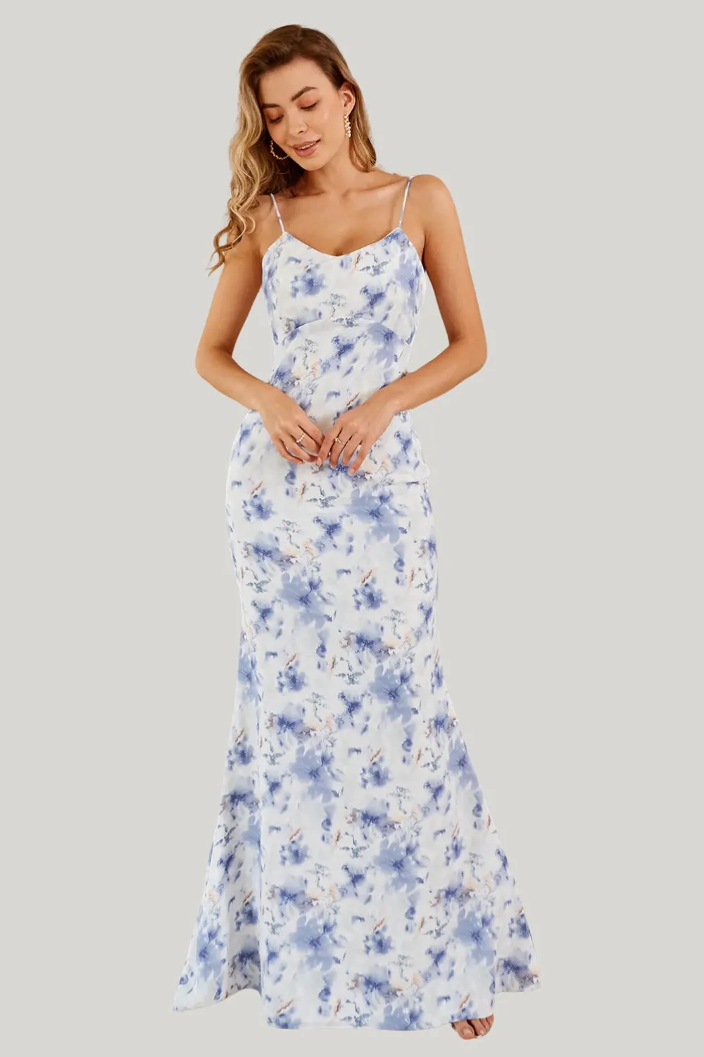 Floral Blue Mermaid Spaghetti Straps Maxi Dress with Slit