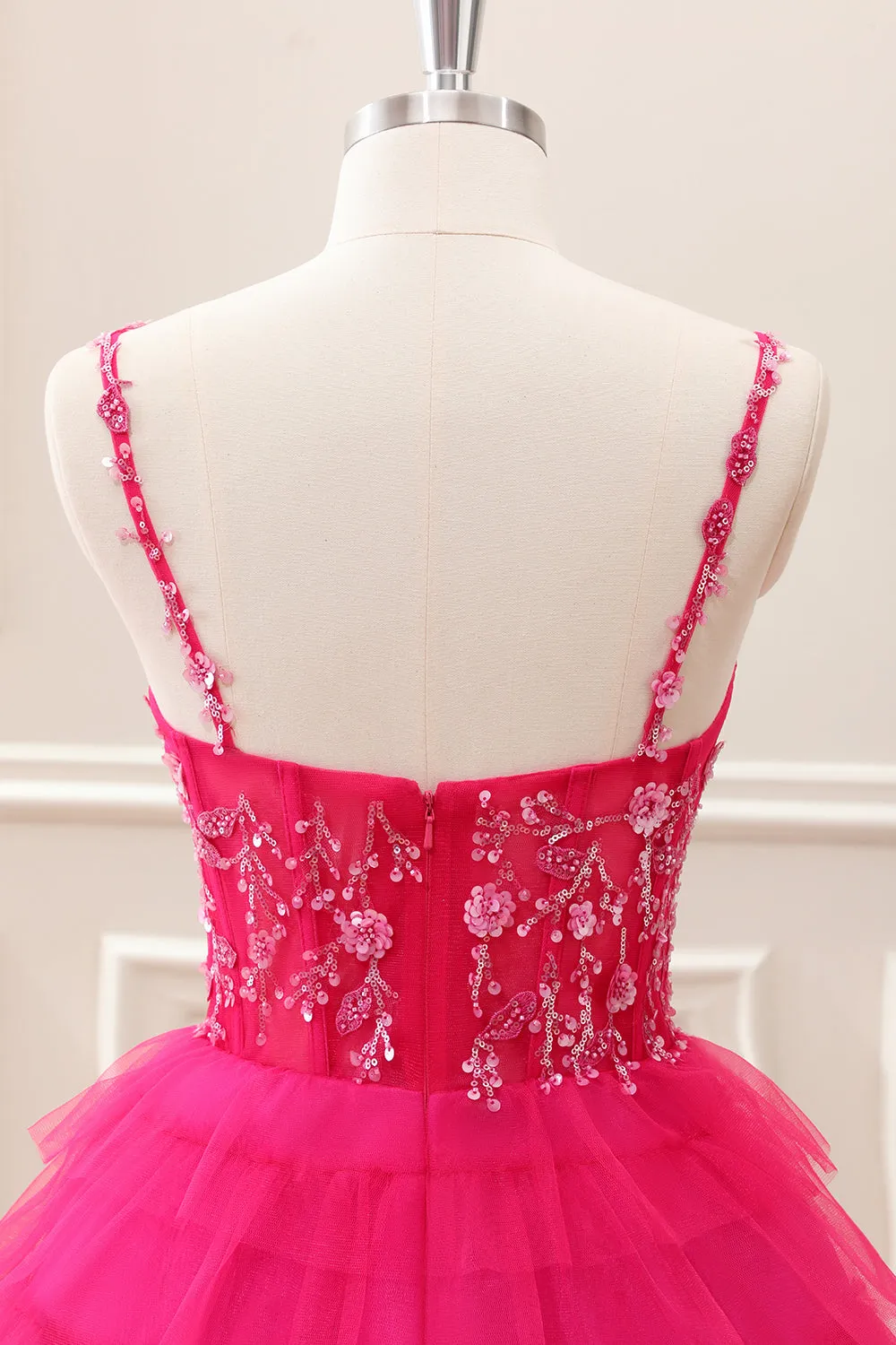 Fuchsia A Line Spaghetti Straps Corset Tiered Tulle Sequined Mini Dress