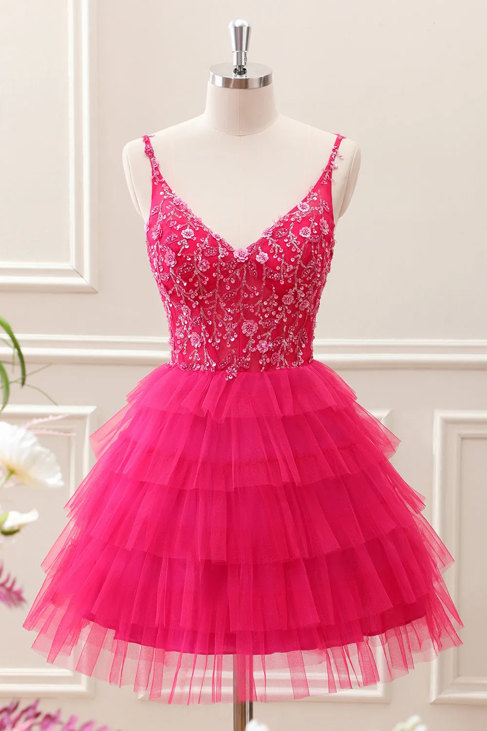 Fuchsia A Line Spaghetti Straps Corset Tiered Tulle Sequined Mini Dress