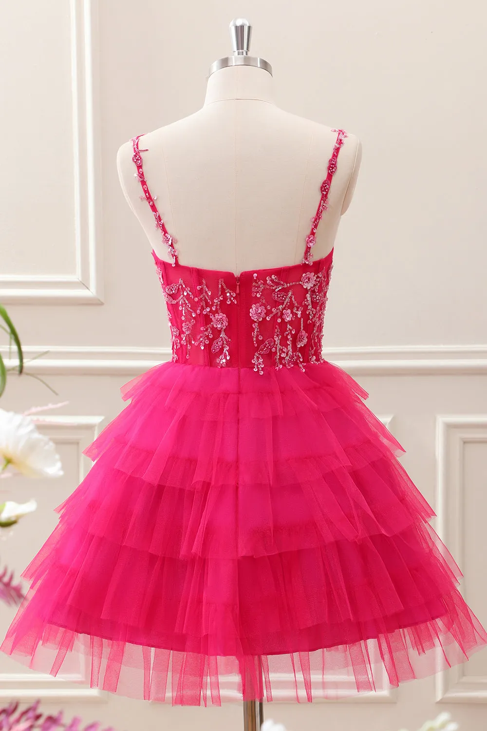 Fuchsia A Line Spaghetti Straps Corset Tiered Tulle Sequined Mini Dress