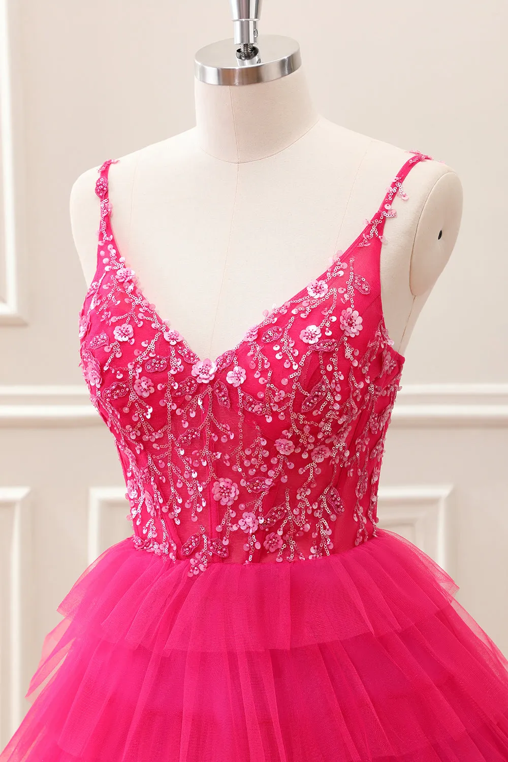 Fuchsia A Line Spaghetti Straps Corset Tiered Tulle Sequined Mini Dress