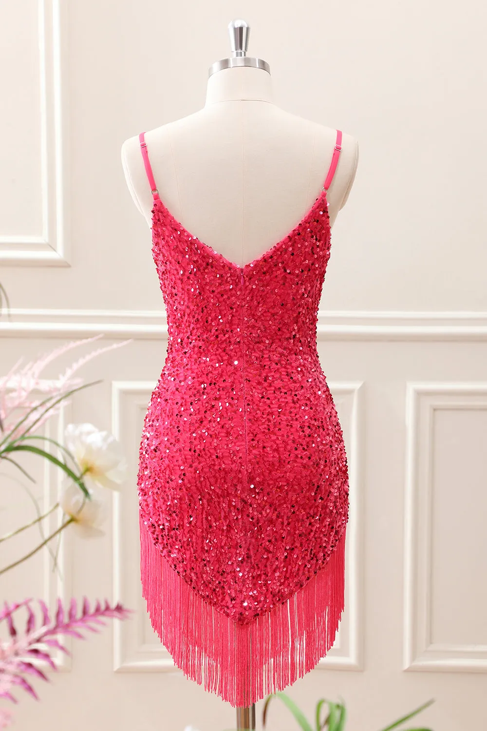 Fuchsia Sequins Spaghetti Straps Mini Dress with Tassels