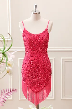 Fuchsia Sequins Spaghetti Straps Mini Dress with Tassels