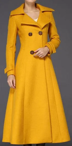 Full-Length Wool Pea Coat in Yellow