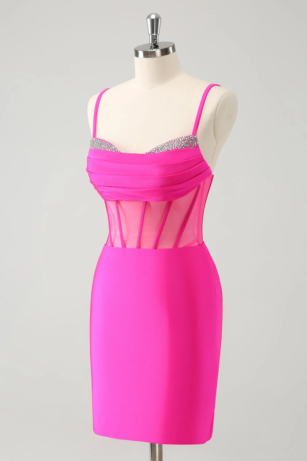 Glitter Fuchsia Spaghetti Straps Tight Corset Mini Dress with Beading