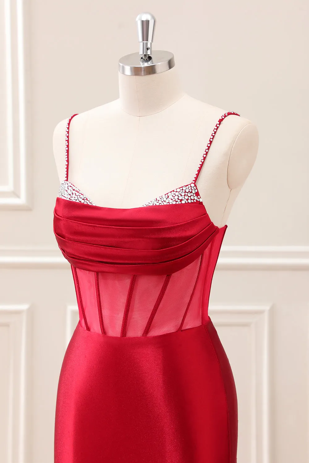 Glitter Fuchsia Spaghetti Straps Tight Corset Mini Dress with Beading