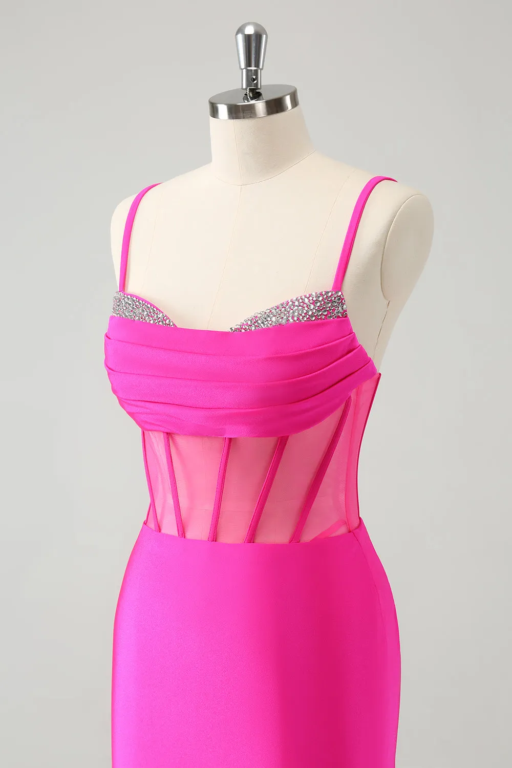 Glitter Fuchsia Spaghetti Straps Tight Corset Mini Dress with Beading