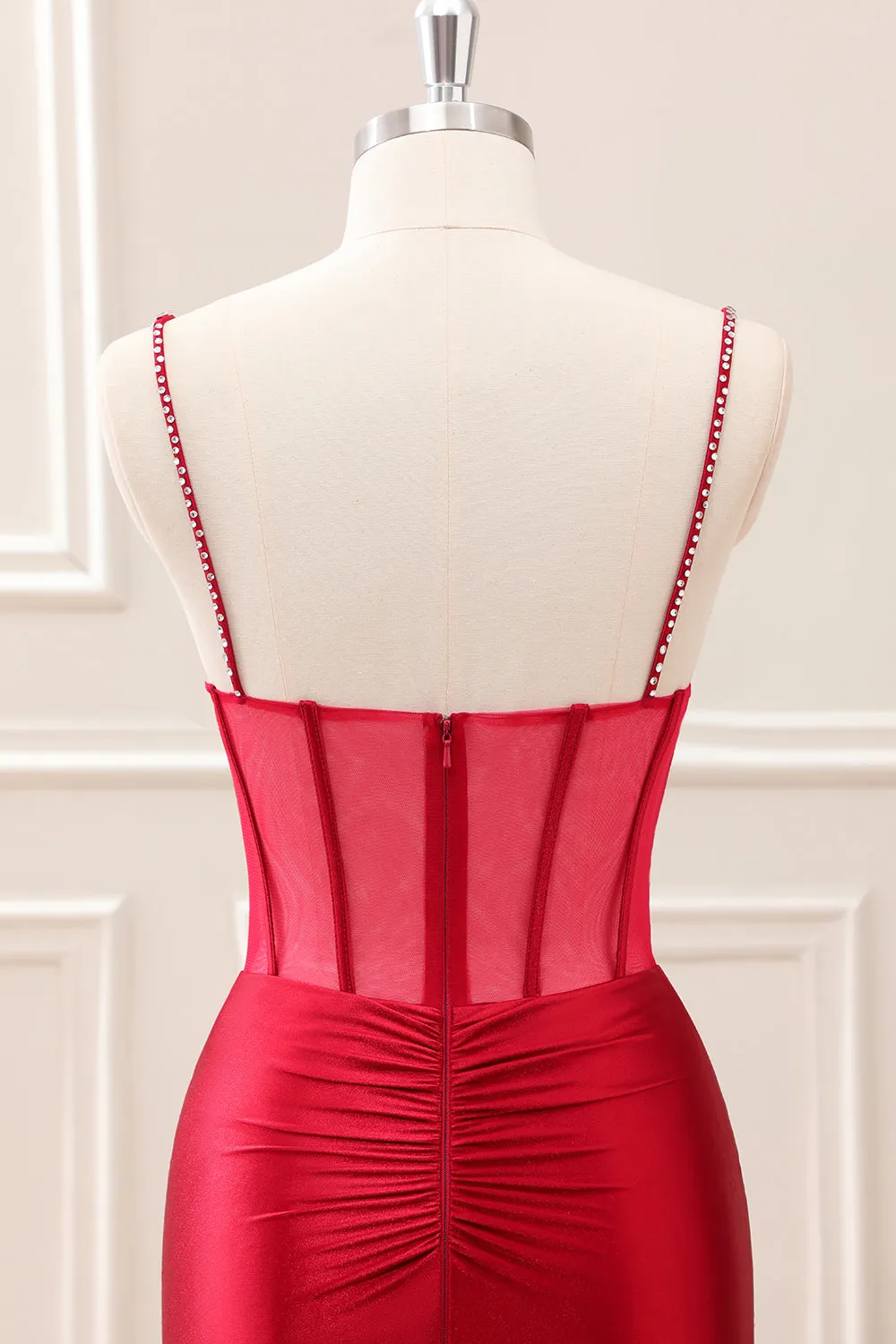 Glitter Fuchsia Spaghetti Straps Tight Corset Mini Dress with Beading