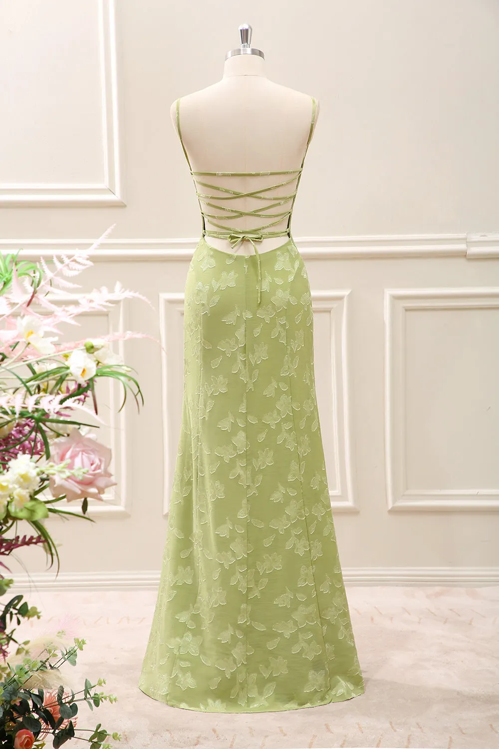 Green Mermaid Maxi Dress with Lace Up Back