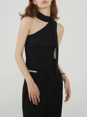 Halter Oblique Strap Trendy Rib Knit Top