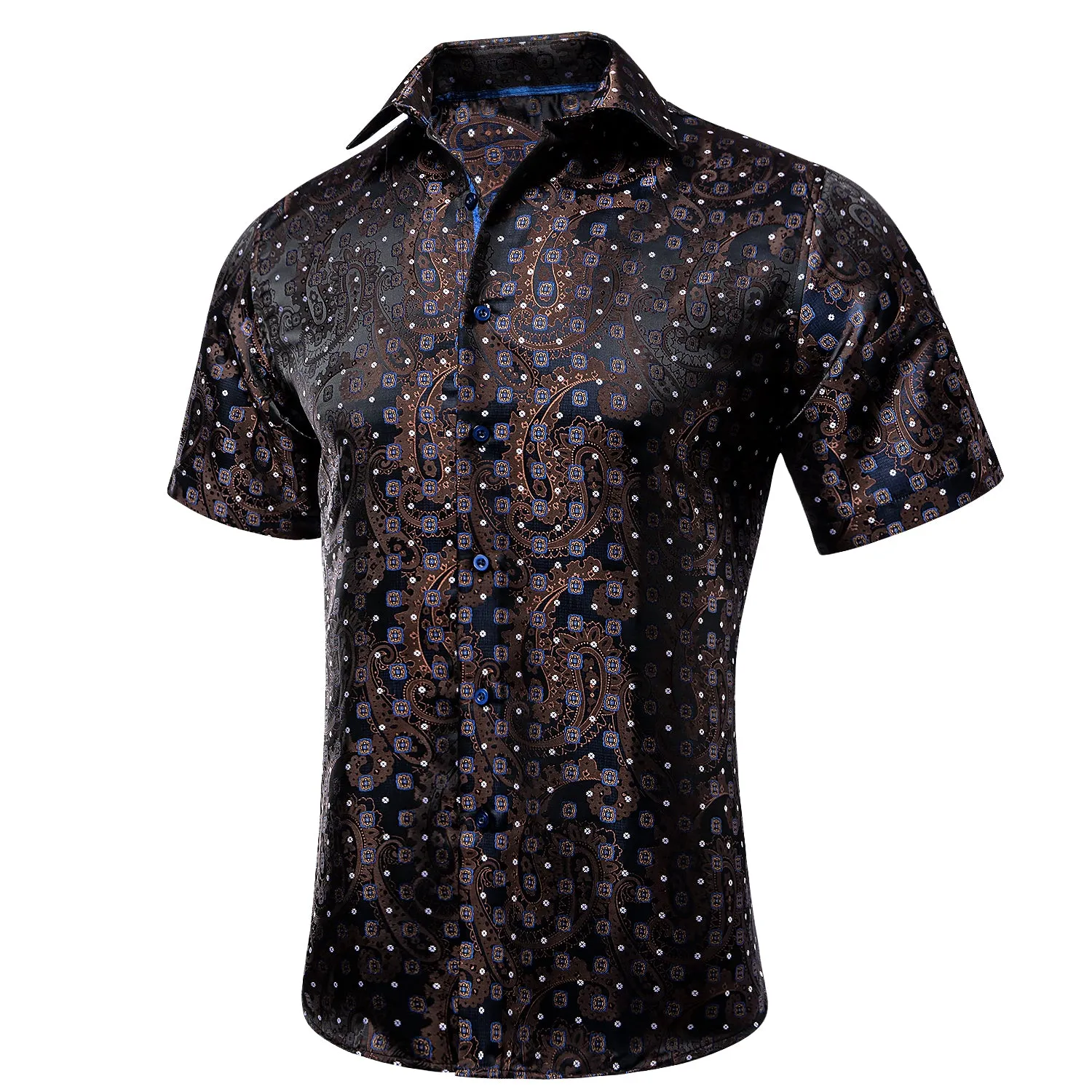 Hi-Tie Blue Brown Novelty Paisley Silk Men's Short Sleeve Dress Shirt